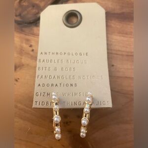 Anthropologie Mini Pearl Gold-Plated Hoop Post Earrings